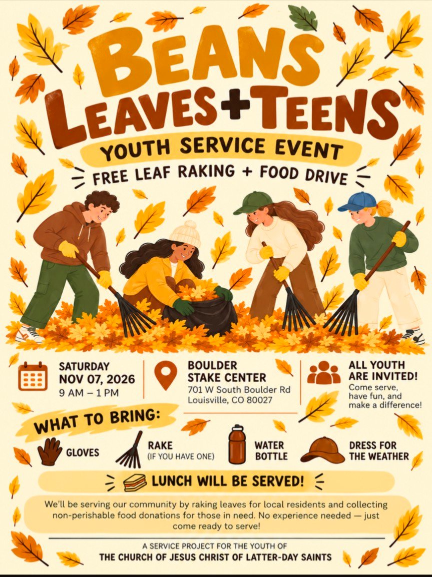 Beans, Leaves + Teens youth service event flyer, Nov 7, 2026